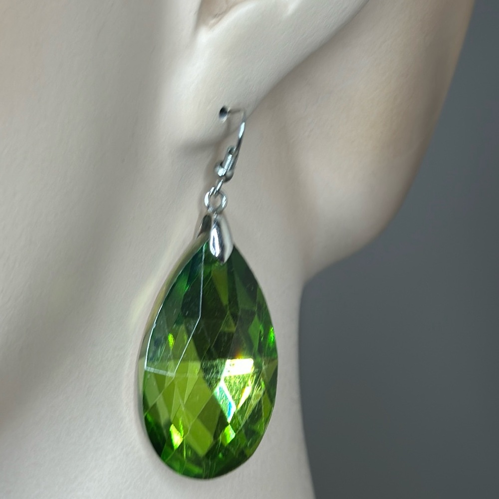 SOLDGreen Faceted Glass Teardrop Earrings - Picture 3 of 15